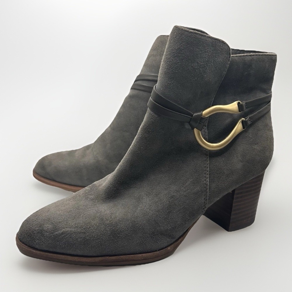 Isola Women Gray Suede Horseshoe Buckle Ankle Boots Block Heel Side Zip‎ Size 6M